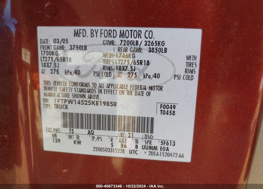 2005 FORD F-150 FX4/LARIAT/XLT VIN: 1FTPW14525KE19858