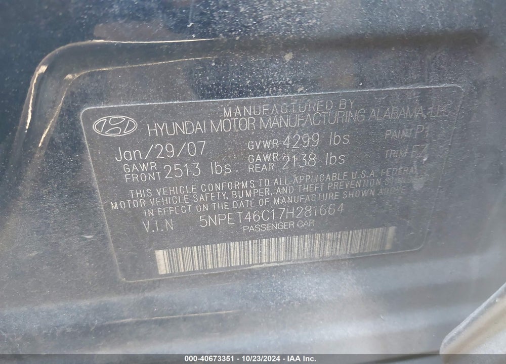 2007 HYUNDAI SONATA GLS VIN: 5NPET46C17H281664