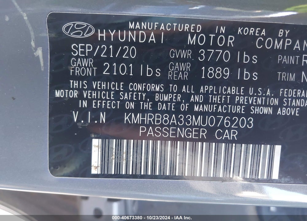 2021 HYUNDAI VENUE SE VIN: KMHRB8A33MU076203