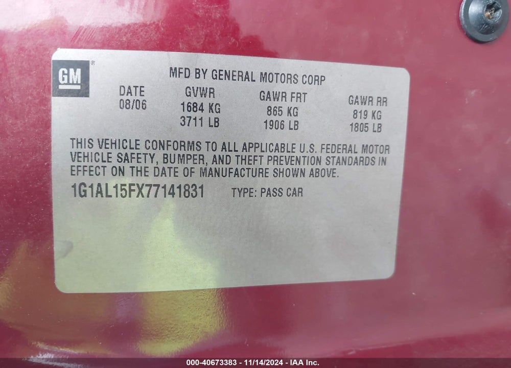 2007 CHEVROLET COBALT LT VIN: 1G1AL15FX77141831