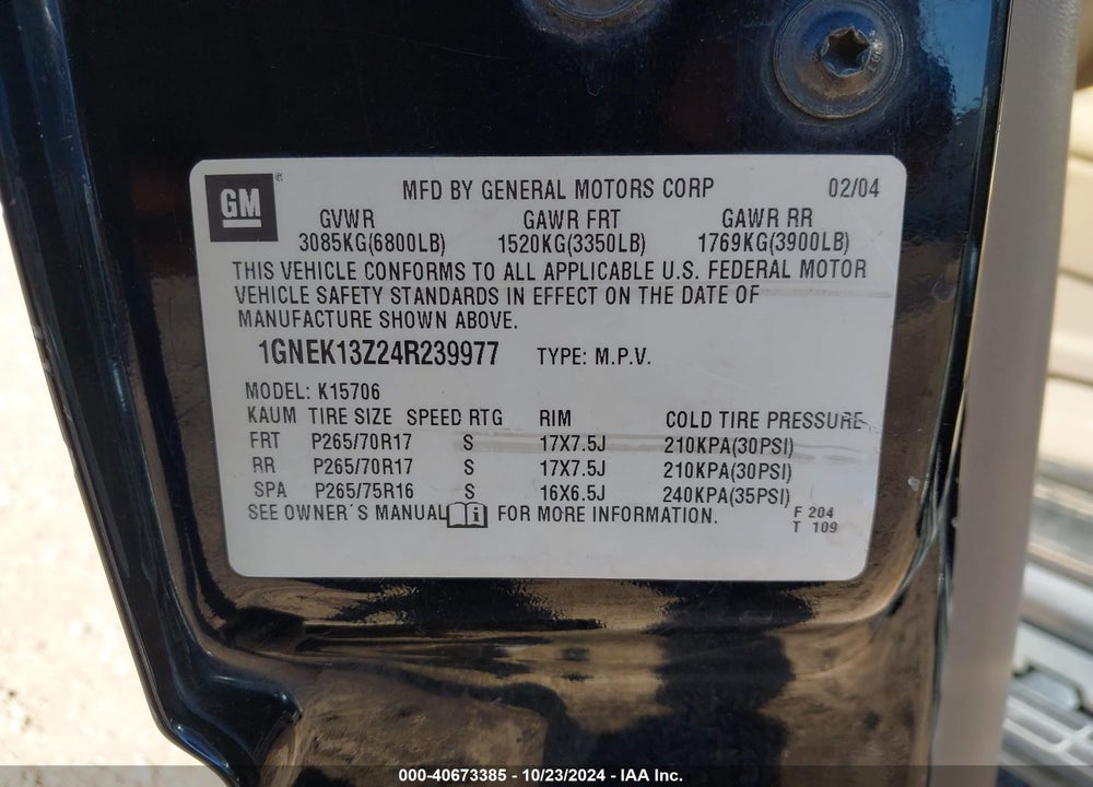 2004 CHEVROLET TAHOE Z71 VIN: 1GNEK13Z24R239977