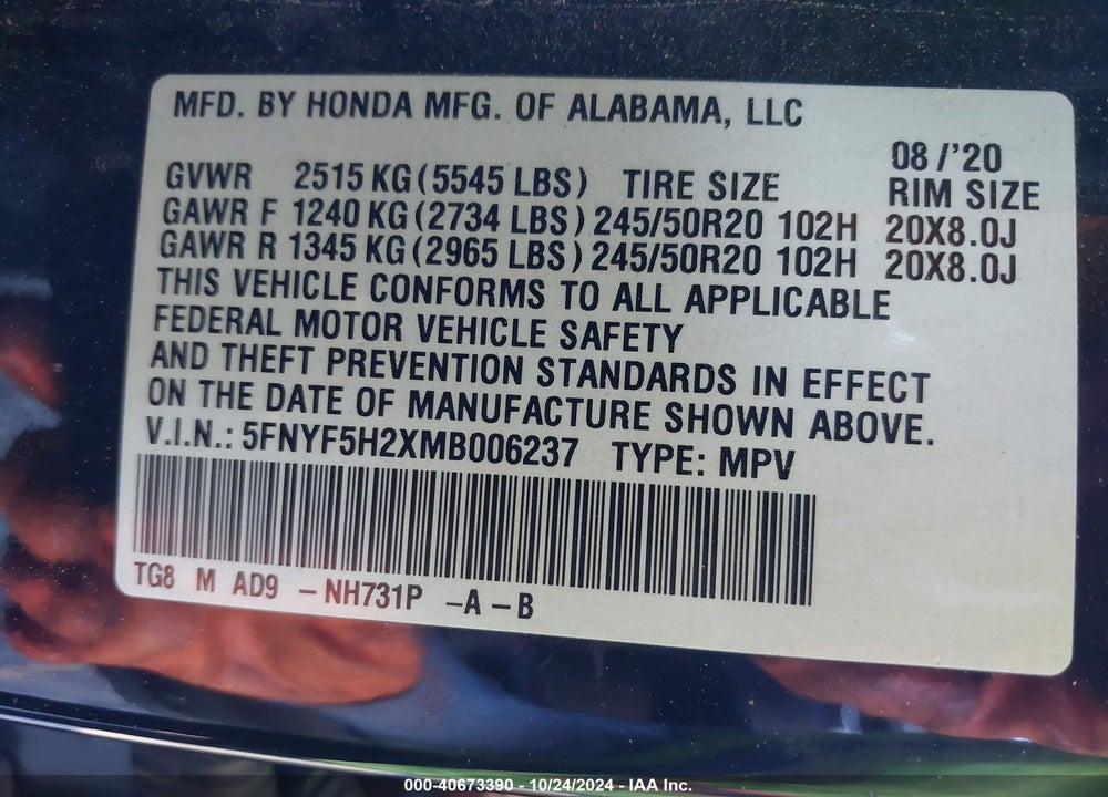2021 HONDA PILOT 2WD SPECIAL EDITION VIN: 5FNYF5H2XMB006237