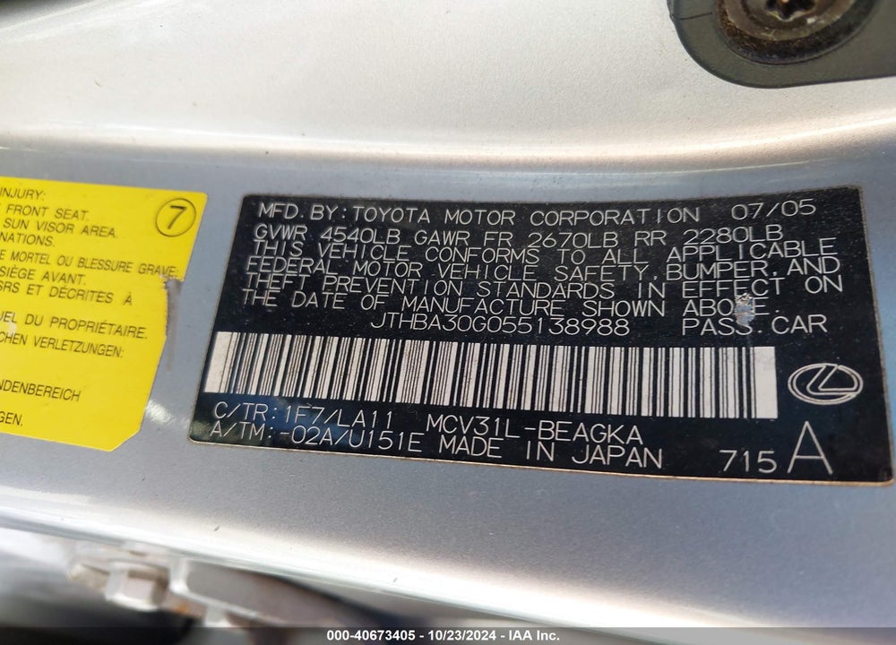 2005 LEXUS ES 330 VIN: JTHBA30G055138988