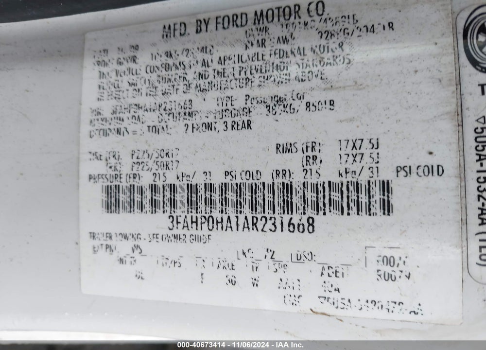 2010 FORD FUSION SE VIN: 3FAHP0HA1AR231668