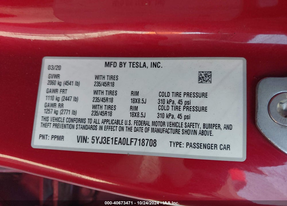 2020 TESLA MODEL 3 STANDARD RANGE PLUS REAR-WHEEL DRIVE/STANDARD RANGE REAR-WHEEL DRIVE VIN: 5YJ3E1EA0LF718708