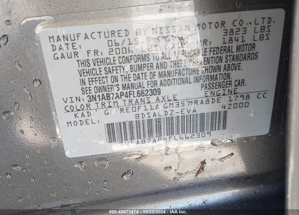 2015 NISSAN SENTRA FE+ S/S/SL/SR/SV VIN: 3N1AB7AP4FL662309