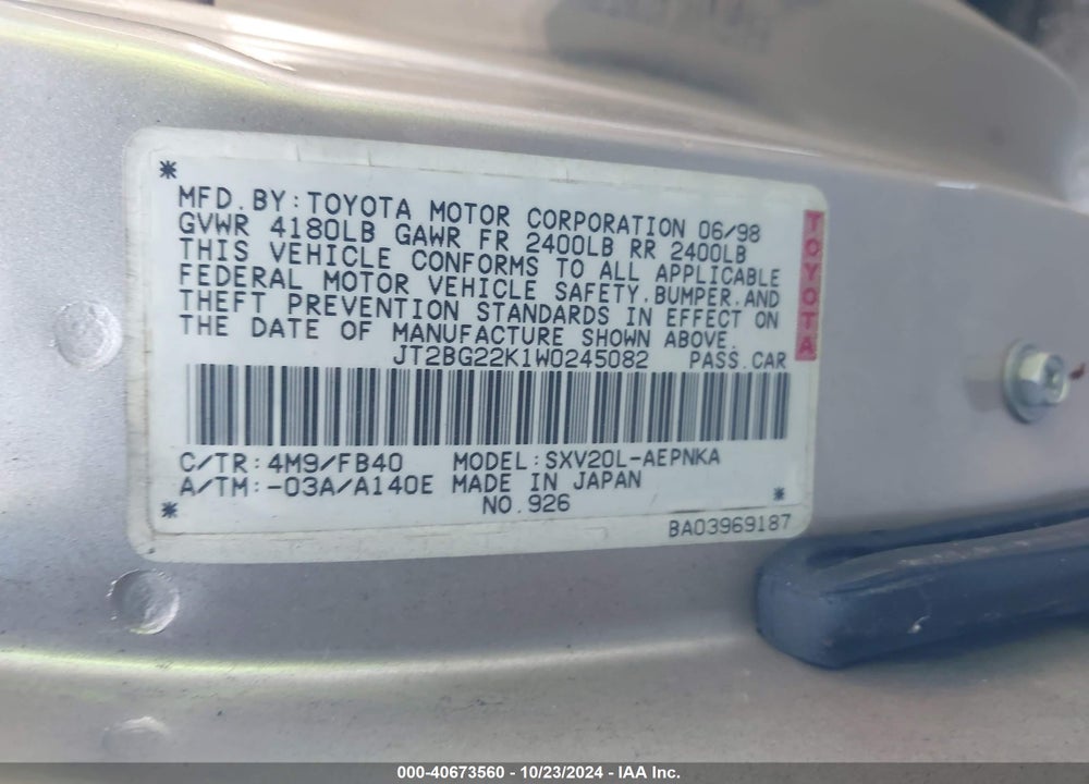 1998 TOYOTA CAMRY LE VIN: JT2BG22K1W0245082