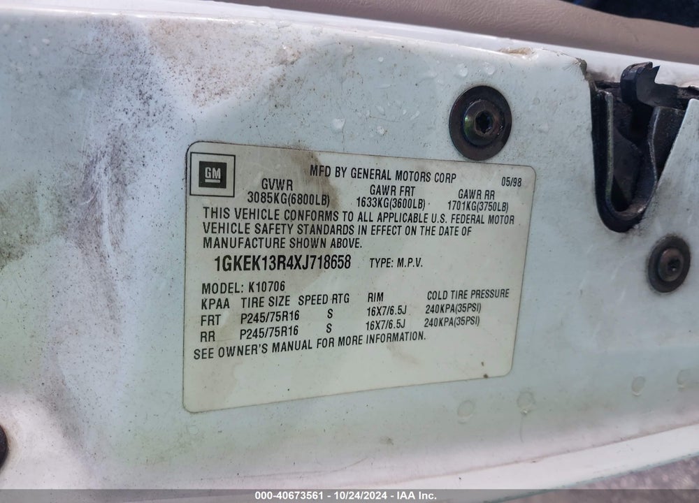 1999 GMC YUKON SLE VIN: 1GKEK13R4XJ718658