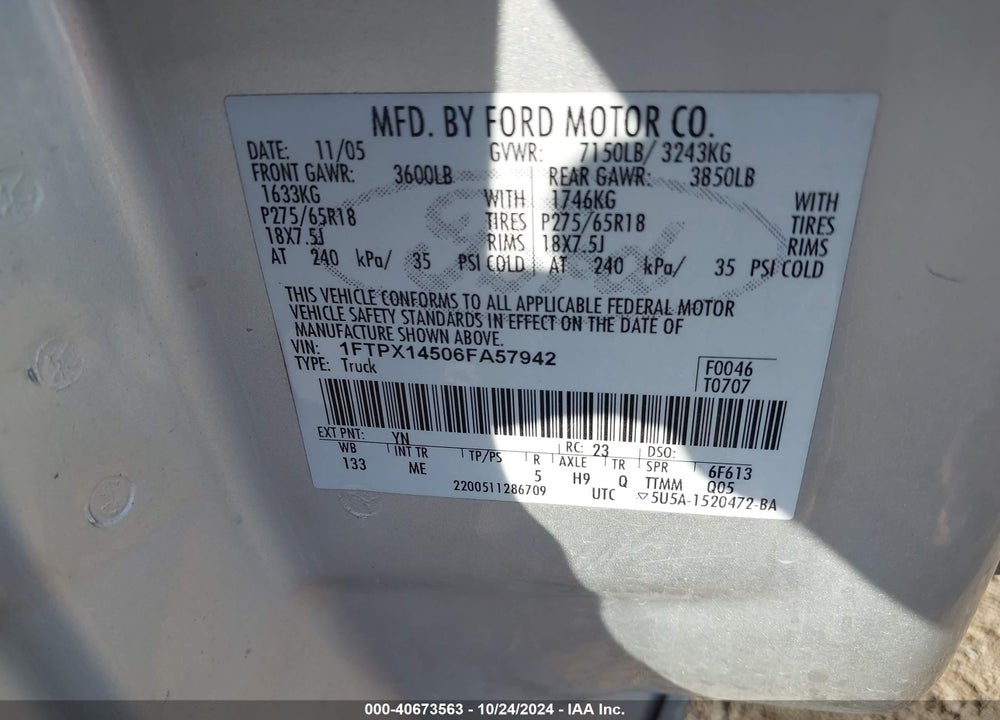 2006 FORD F-150 FX4/LARIAT/XL/XLT VIN: 1FTPX14506FA57942