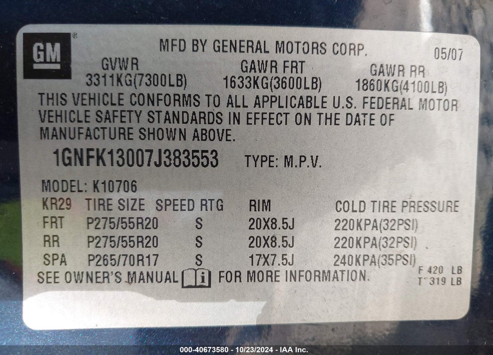 2007 CHEVROLET TAHOE LT VIN: 1GNFK13007J383553