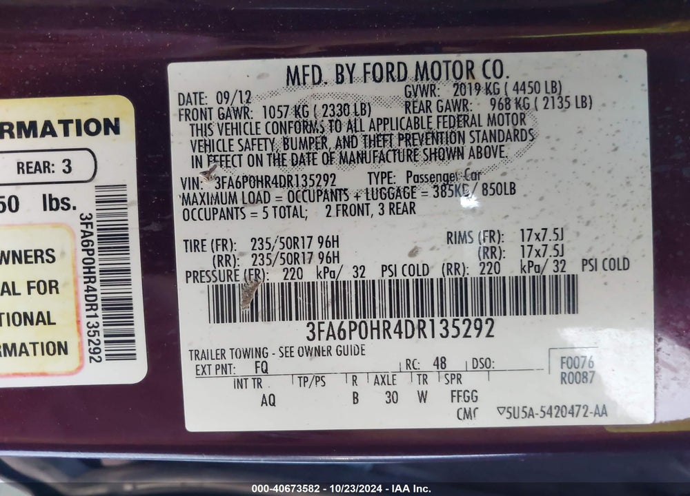 2013 FORD FUSION SE VIN: 3FA6P0HR4DR135292
