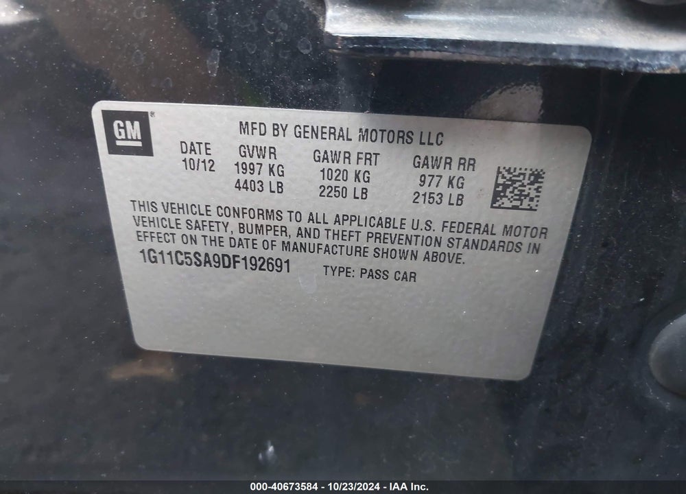2013 CHEVROLET MALIBU VIN: 1G11C5SA9DF192691
