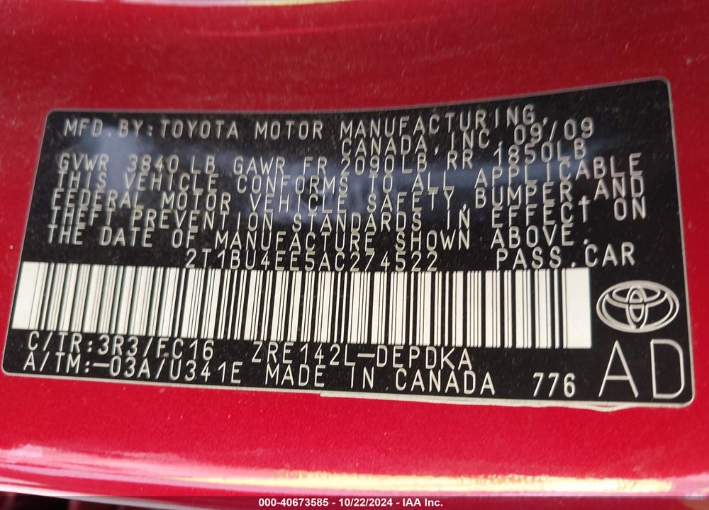 2010 TOYOTA COROLLA LE VIN: 2T1BU4EE5AC274522
