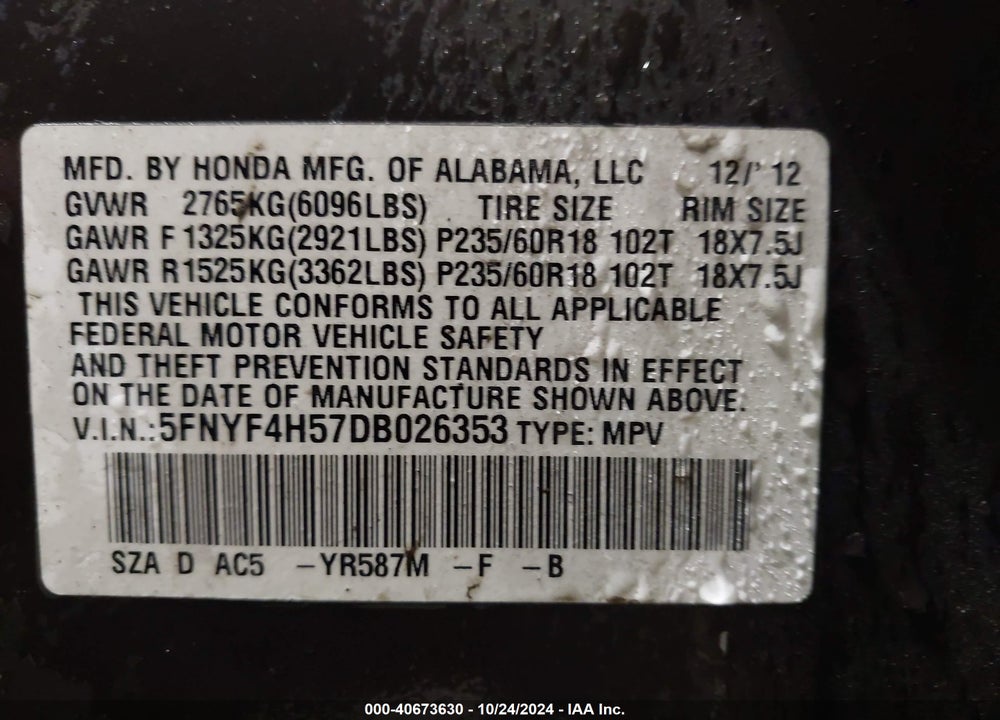 2013 HONDA PILOT EX-L VIN: 5FNYF4H57DB026353