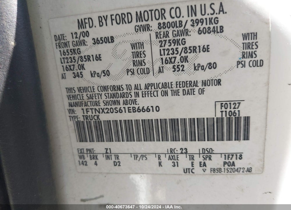 2001 FORD F-250 LARIAT/XL/XLT VIN: 1FTNX20S61EB66610