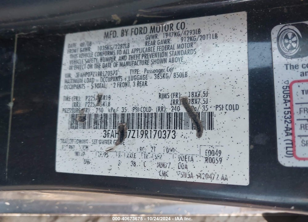 2009 FORD FUSION SE VIN: 3FAHP07Z19R170373