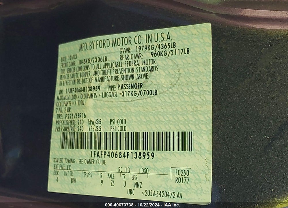 2004 FORD MUSTANG STANDARD VIN: 1FAFP40684F138959