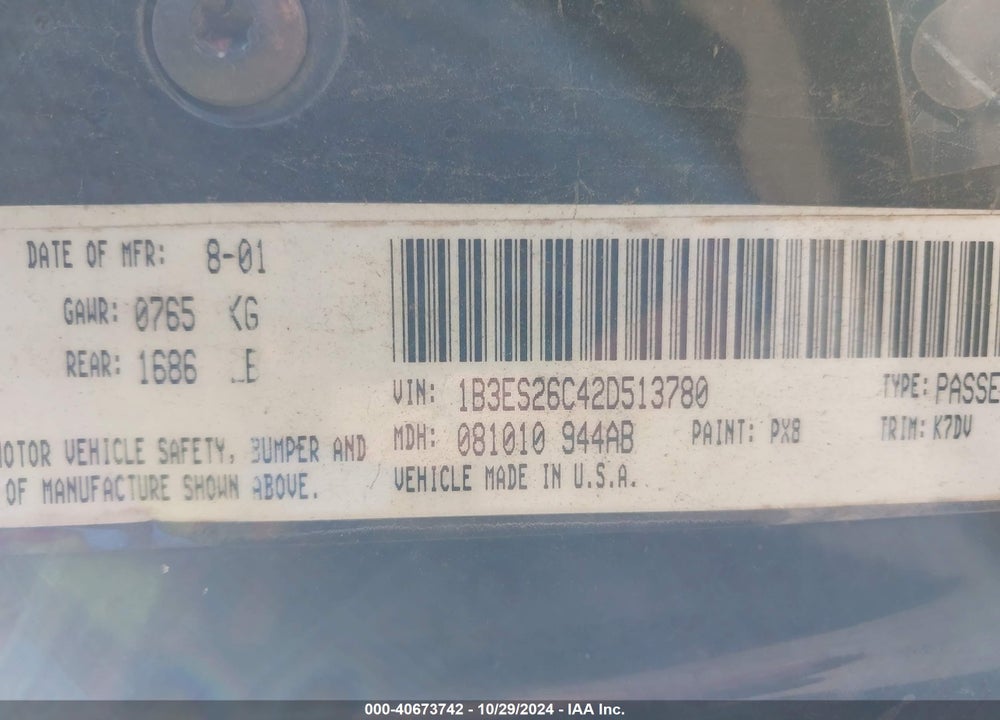2002 DODGE NEON VIN: 1B3ES26C42D513780