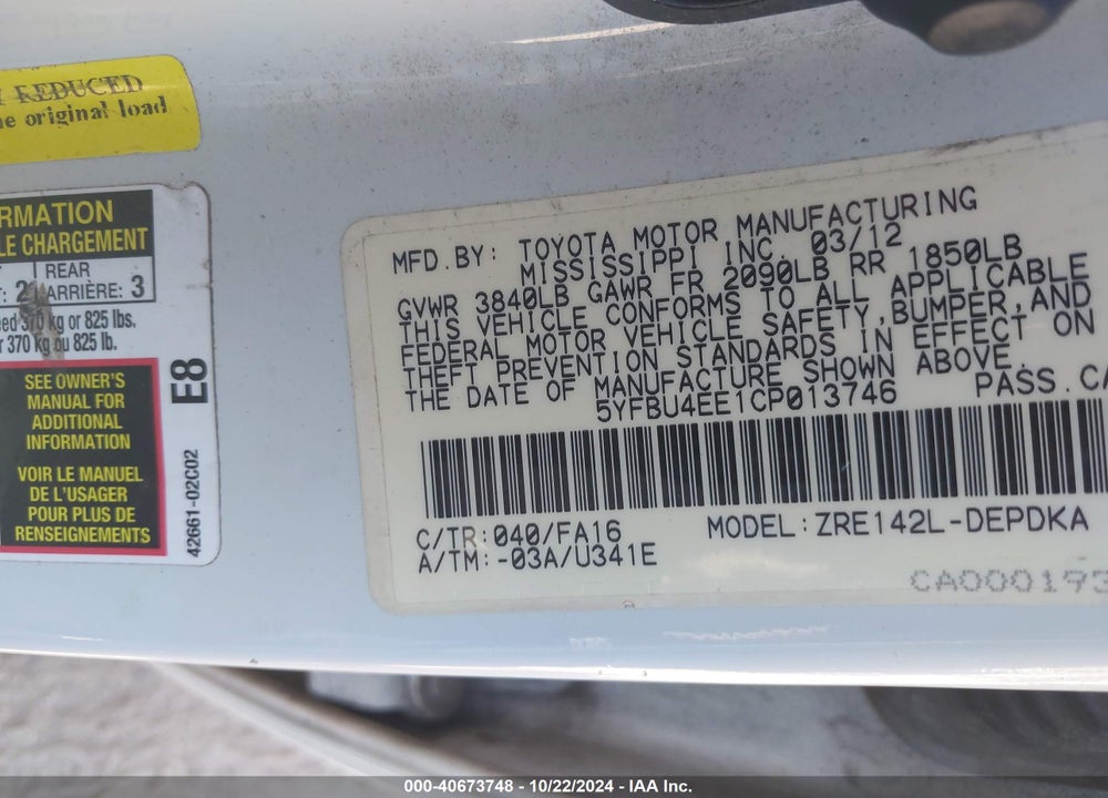 2012 TOYOTA COROLLA L VIN: 5YFBU4EE1CP013746