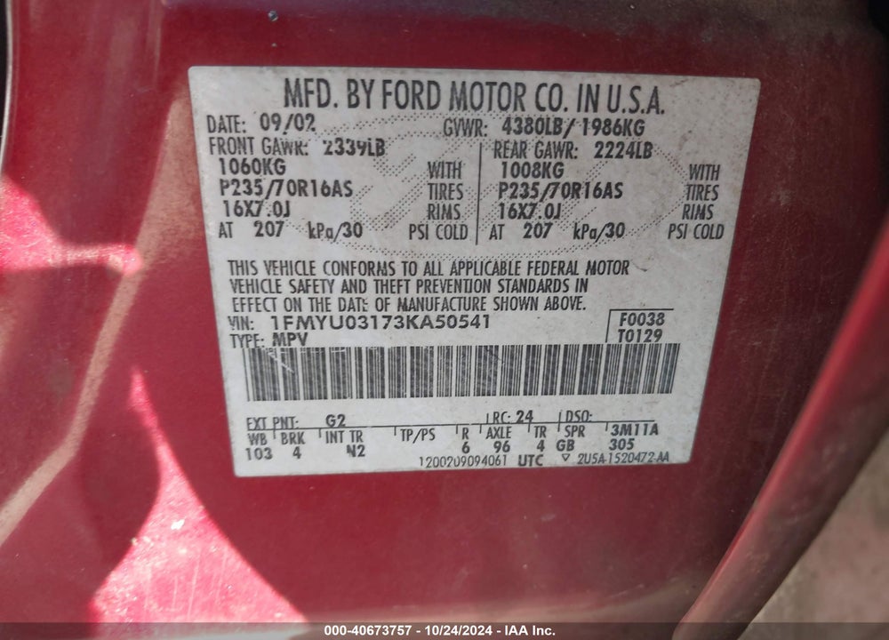 2003 FORD ESCAPE XLT VIN: 1FMYU03173KA50541