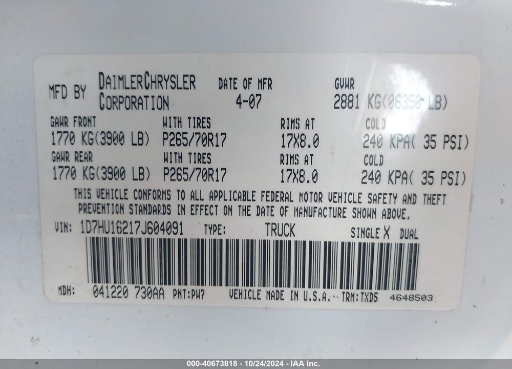 2007 DODGE RAM 1500 ST VIN: 1D7HU16217J604091