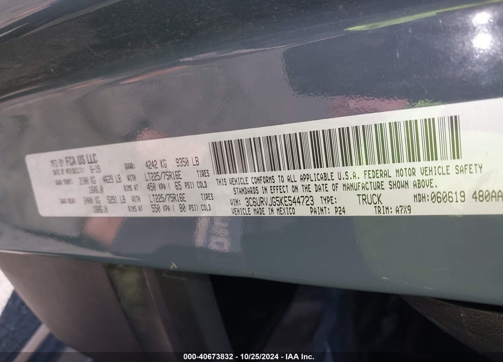 2019 RAM PROMASTER 3500 CARGO VAN HIGH ROOF 159 WB EXT VIN: 3C6URVJG5KE544723