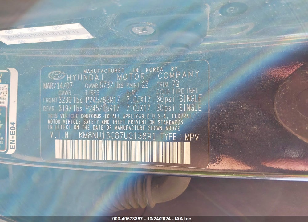 2007 HYUNDAI VERACRUZ GLS/LIMITED/SE VIN: KM8NU13C87U013891