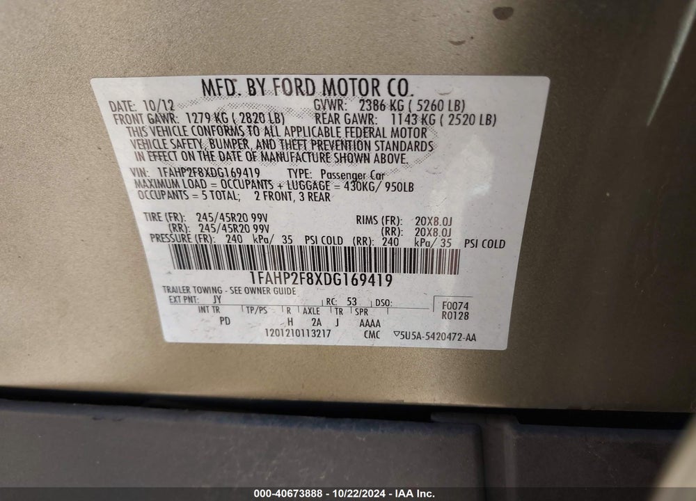 2013 FORD TAURUS LIMITED VIN: 1FAHP2F8XDG169419