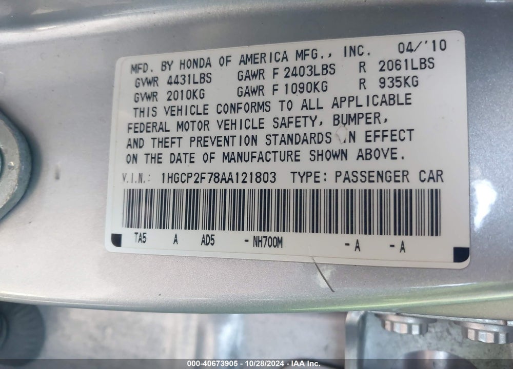 2010 HONDA ACCORD 2.4 EX VIN: 1HGCP2F78AA121803