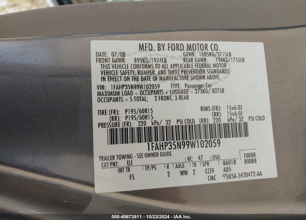 2009 FORD FOCUS SE VIN: 1FAHP35N99W102059