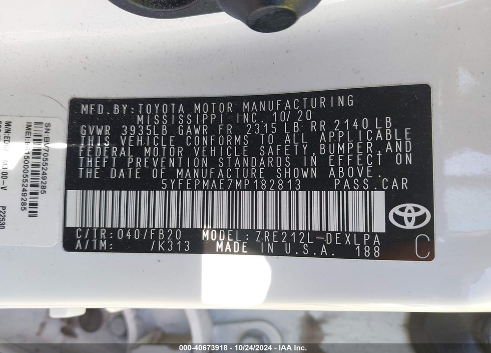 2021 TOYOTA COROLLA LE VIN: 5YFEPMAE7MP182813