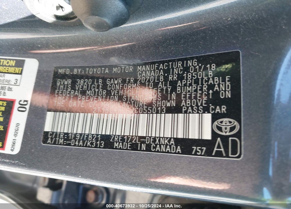 2018 TOYOTA COROLLA LE VIN: 2T1BURHE6JC055013