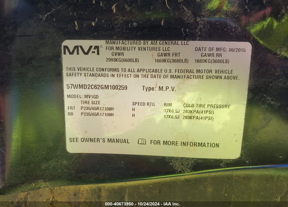 2017 AM GENERAL MV-1 VIN: 57WMD2C62GM100259