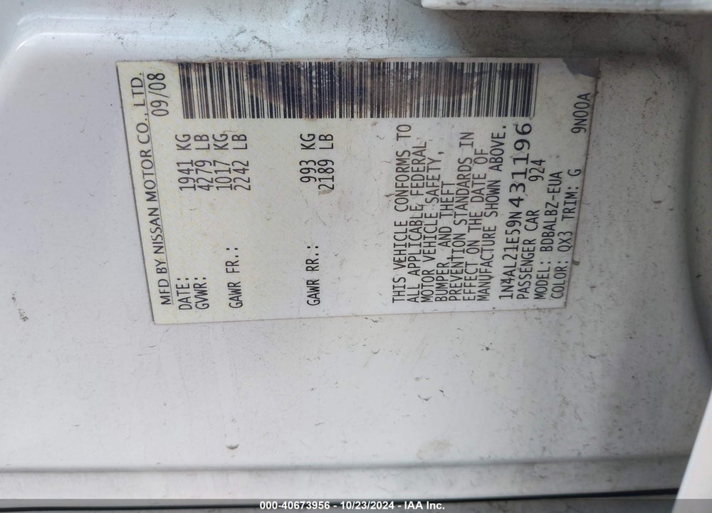 2009 NISSAN ALTIMA 2.5 S VIN: 1N4AL21E59N431196