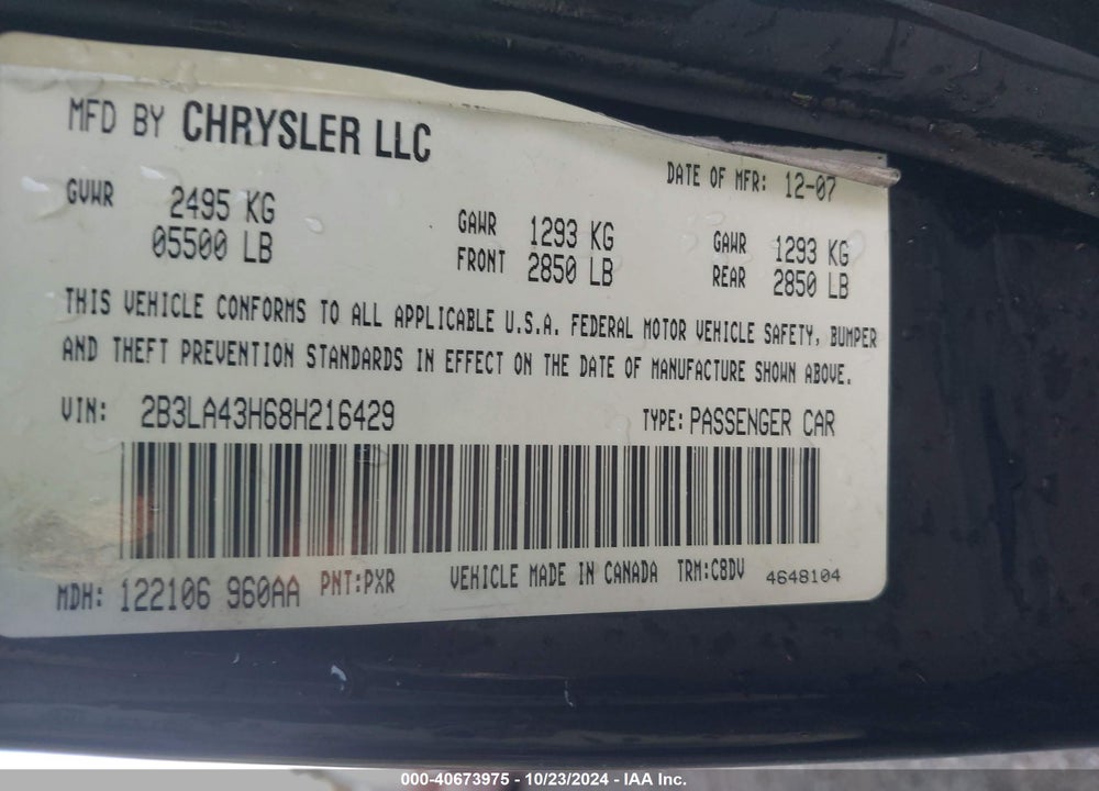 2008 DODGE CHARGER VIN: 2B3LA43H68H216429
