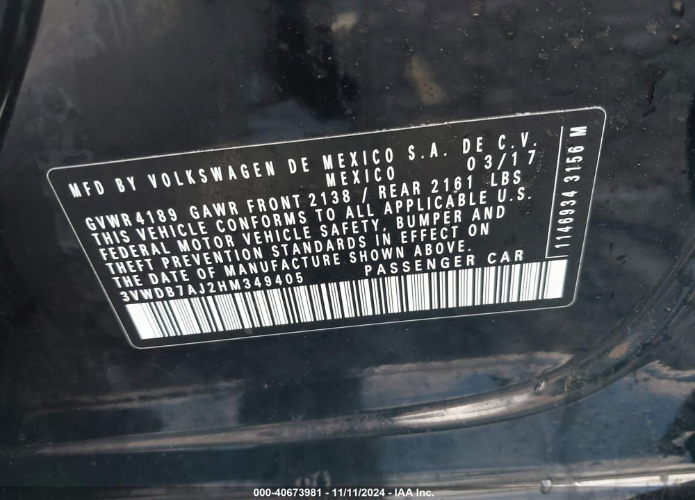 2017 VOLKSWAGEN JETTA 1.4T SE VIN: 3VWDB7AJ2HM349405