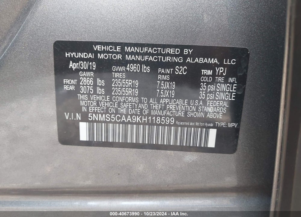 2019 HYUNDAI SANTA FE LIMITED 2.0T VIN: 5NMS5CAA9KH118599