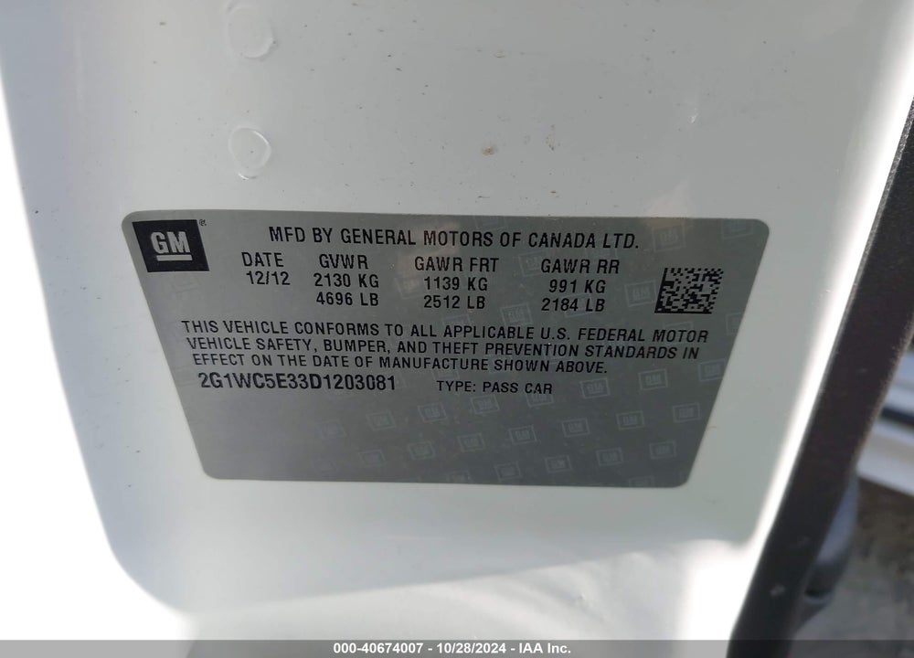 2013 CHEVROLET IMPALA LTZ VIN: 2G1WC5E33D1203081