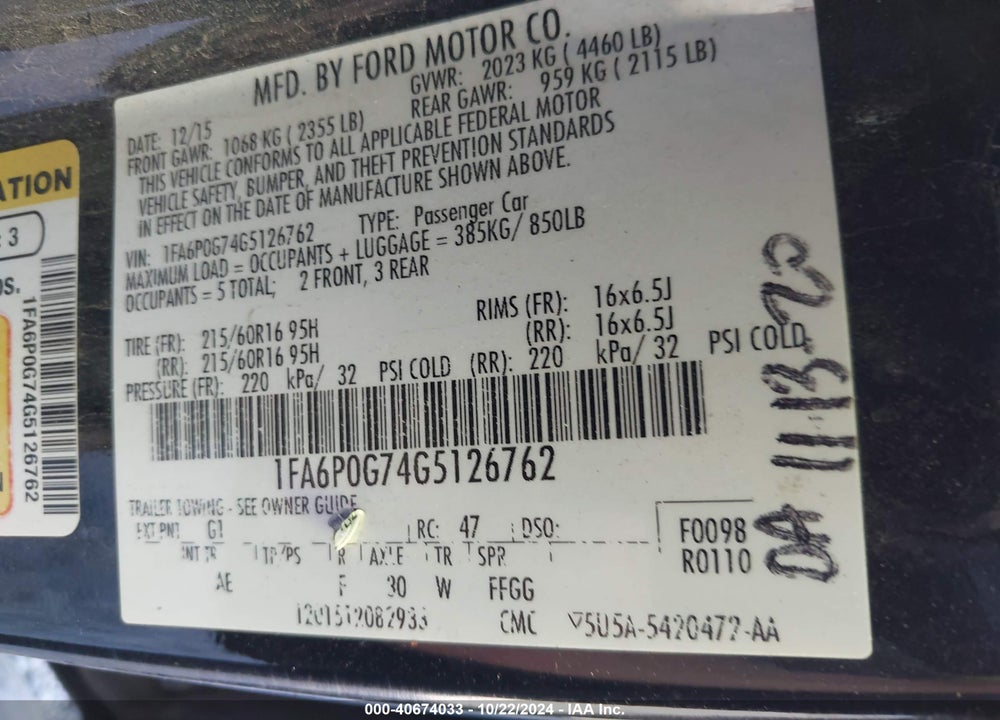2016 FORD FUSION S VIN: 1FA6P0G74G5126762