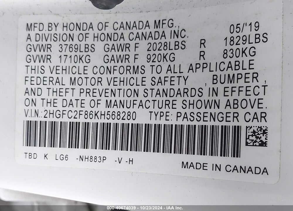 2019 HONDA CIVIC SPORT VIN: 2HGFC2F86KH568280