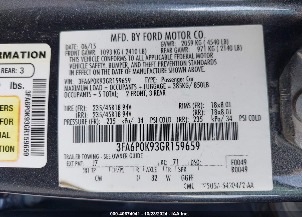 2016 FORD FUSION VIN: 3FA6P0K93GR159659