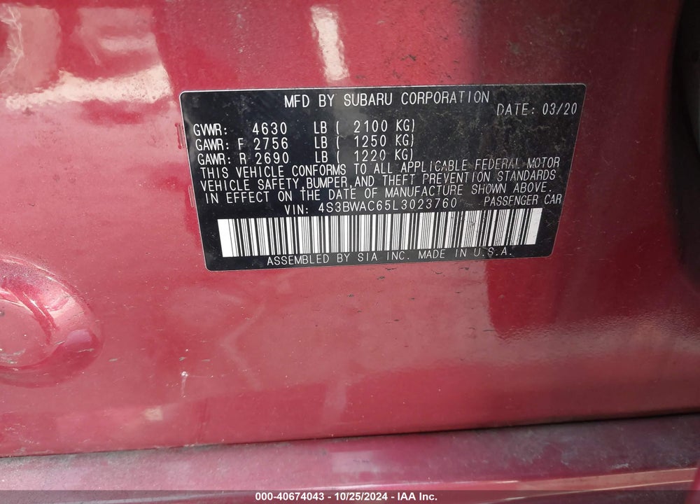 2020 SUBARU LEGACY PREMIUM VIN: 4S3BWAC65L3023760