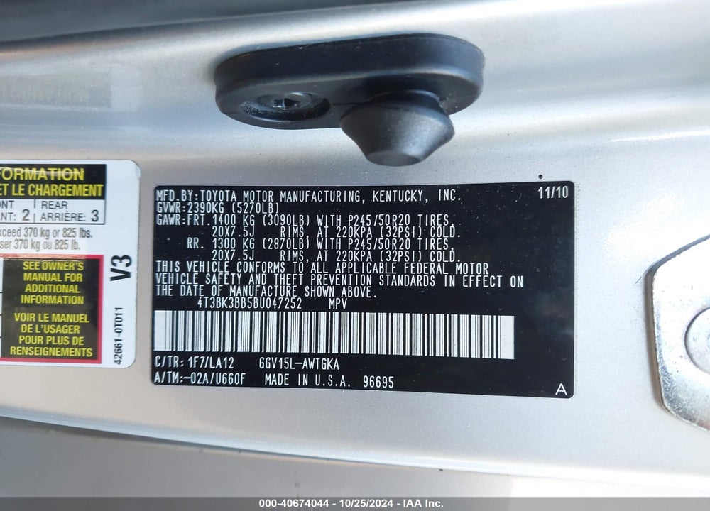 2011 TOYOTA VENZA BASE V6 VIN: 4T3BK3BB5BU047252