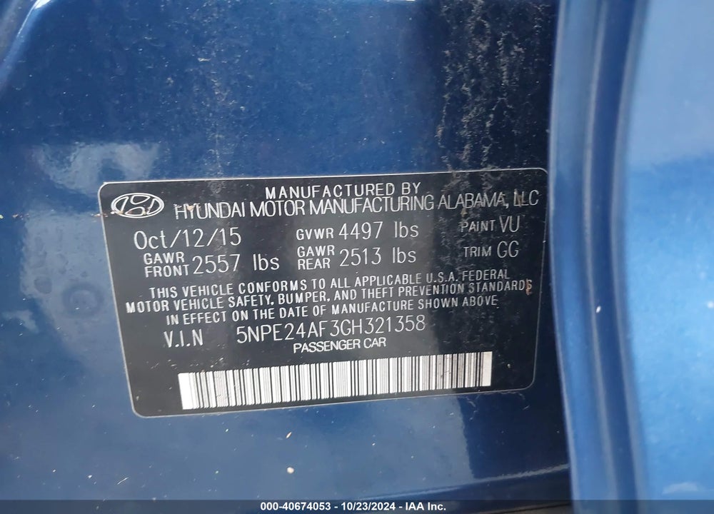 2016 HYUNDAI SONATA SE VIN: 5NPE24AF3GH321358