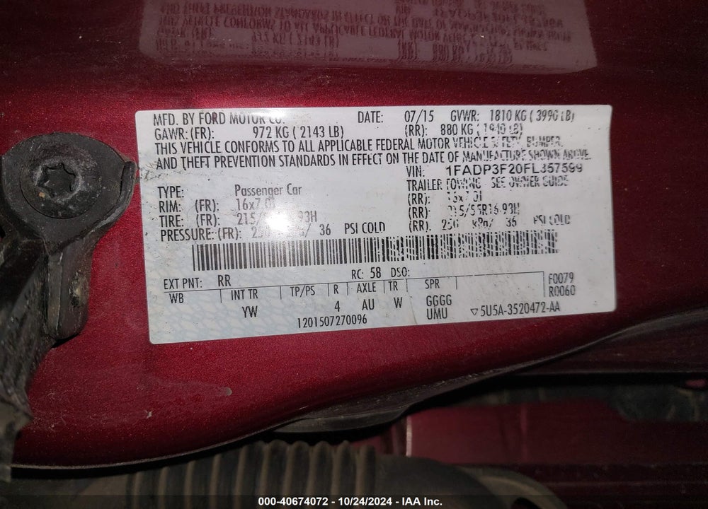 2015 FORD FOCUS SE VIN: 1FADP3F20FL357599