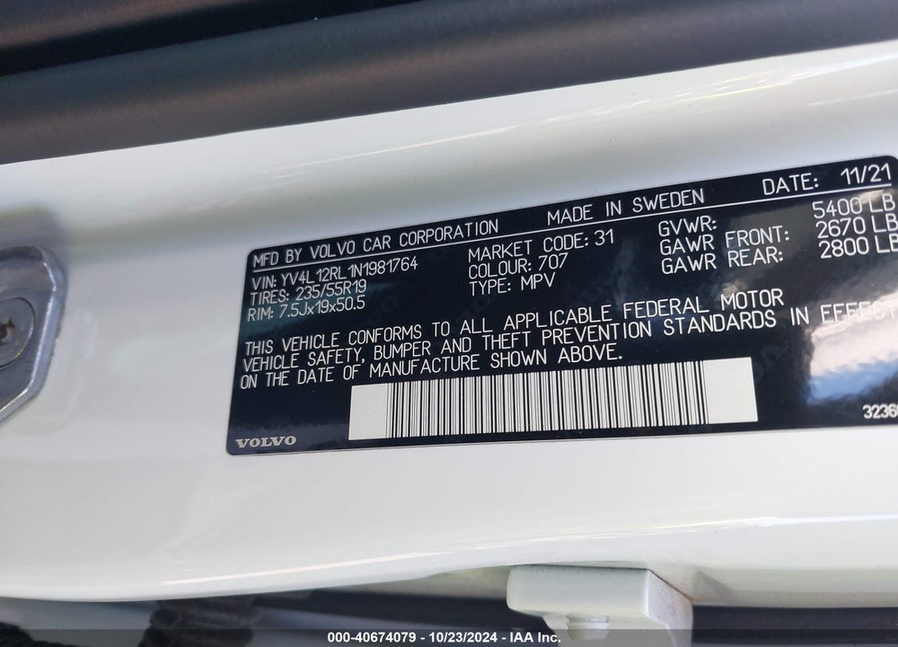 2022 VOLVO XC60 B5 INSCRIPTION VIN: YV4L12RL1N1981764