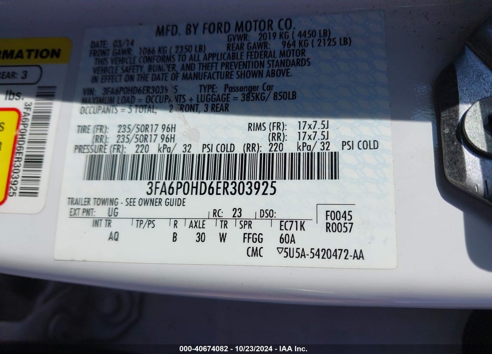 2014 FORD FUSION SE VIN: 3FA6P0HD6ER303925