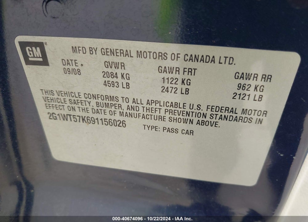 2009 CHEVROLET IMPALA LT VIN: 2G1WT57K691156026