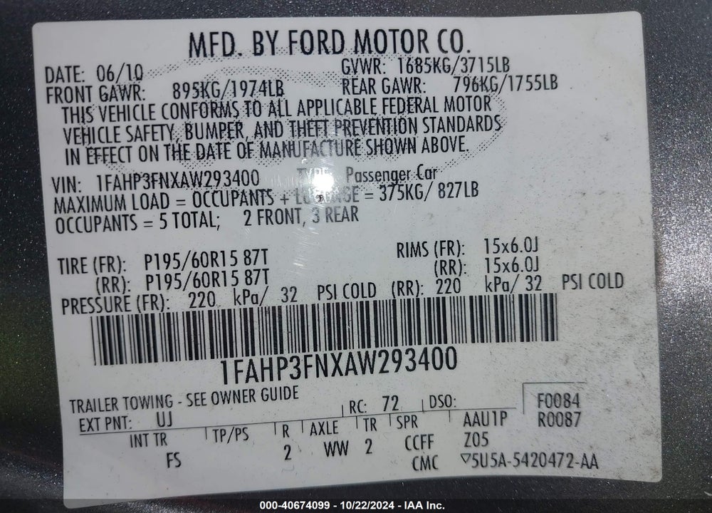 2010 FORD FOCUS SE VIN: 1FAHP3FNXAW293400
