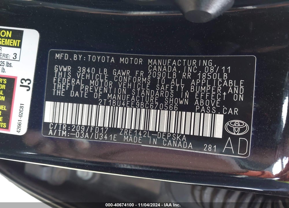2011 TOYOTA COROLLA VIN: 2T1BU4EE9BC670566